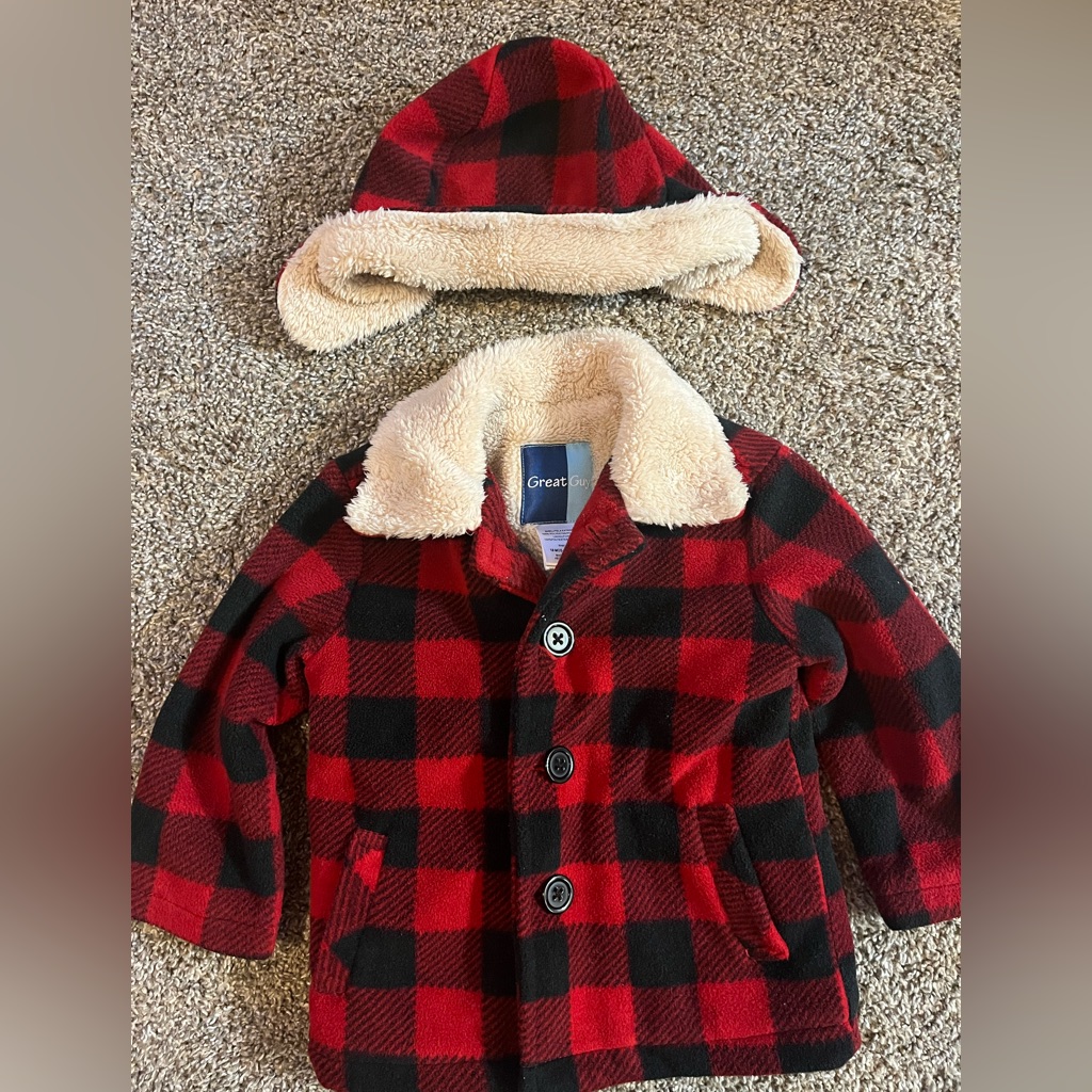 Buffalo Red And Black Plaid Fleece Lined Jacket With Matching Cap Size 18 Months
